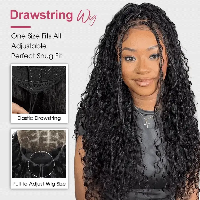 13x6 HD Full Lace Knotless Boho Braided Wigs With Curls Ombre Brown Drawstring Pull Go Wig - Image 11
