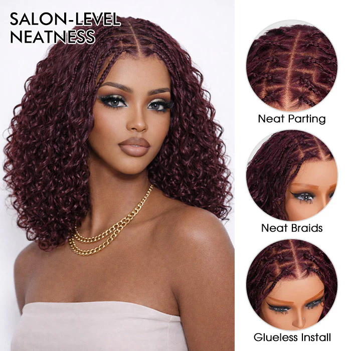 13x6 HD Lace Knotless Boho Braided Wig Black Cherry Color Pull Go Drawstring Glueless Human Hairs - Image 2