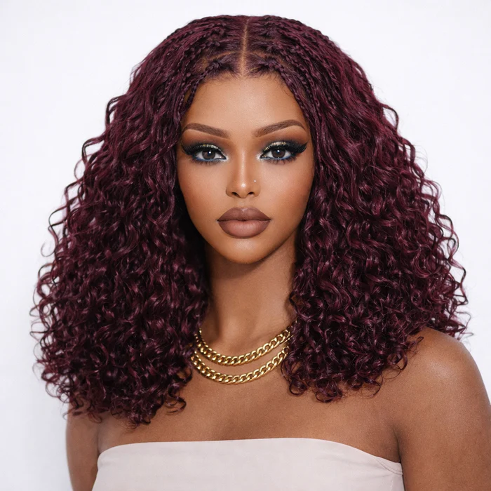 13x6 HD Lace Knotless Boho Braided Wig Black Cherry Color Pull Go Drawstring Glueless Human Hairs - Image 3