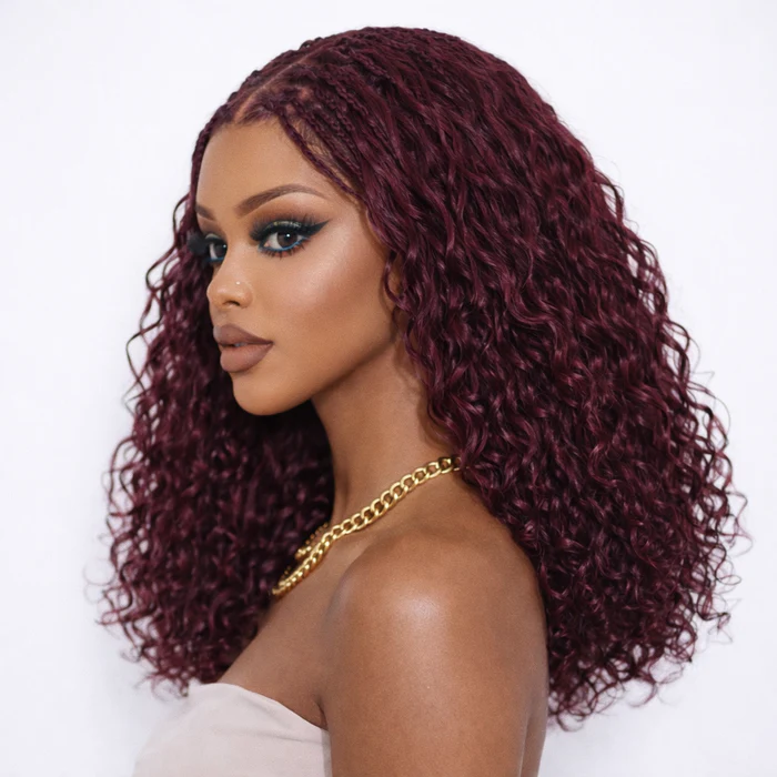 13x6 HD Lace Knotless Boho Braided Wig Black Cherry Color Pull Go Drawstring Glueless Human Hairs - Image 4