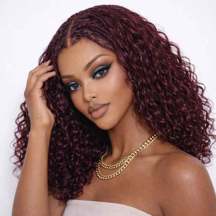 13x6 HD Lace Knotless Boho Braided Wig Black Cherry Color Pull Go Drawstring Glueless Human Hairs - Image 5