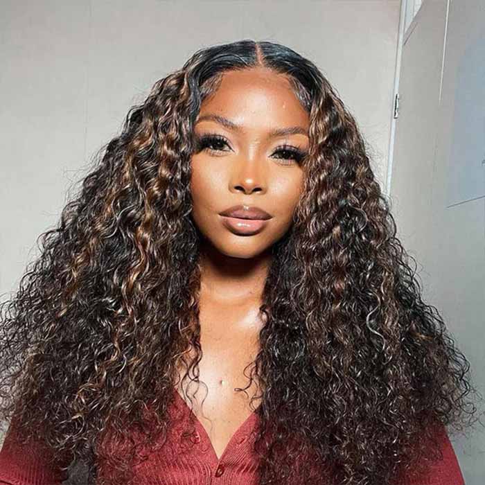 #1B/30 Mix Color Black Brown Highlight Wig Water Wave Glueless HD Lace Front Human Hair Wigs - Image 4