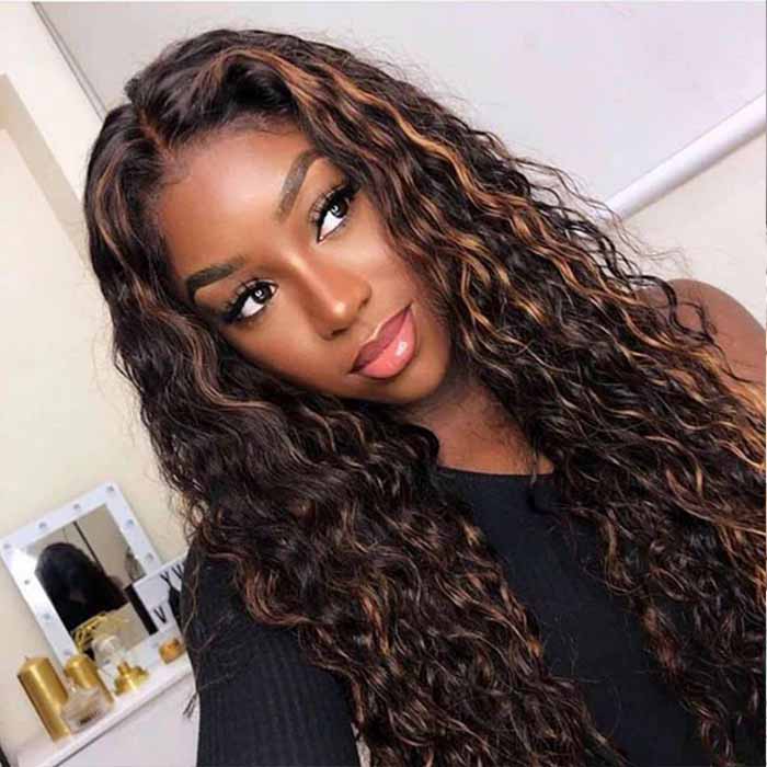 #1B/30 Mix Color Black Brown Highlight Wig Water Wave Glueless HD Lace Front Human Hair Wigs - Image 9