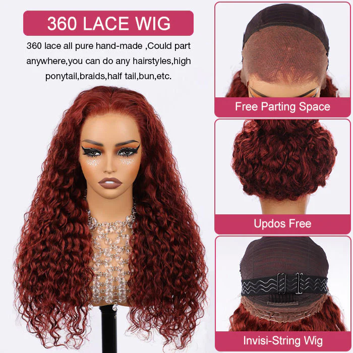 #33 Reddish Brown Invisi-String Snug Fit Water Wave 360 HD Lace Frontal Wig Put On & Go Glueless Wig - Image 5