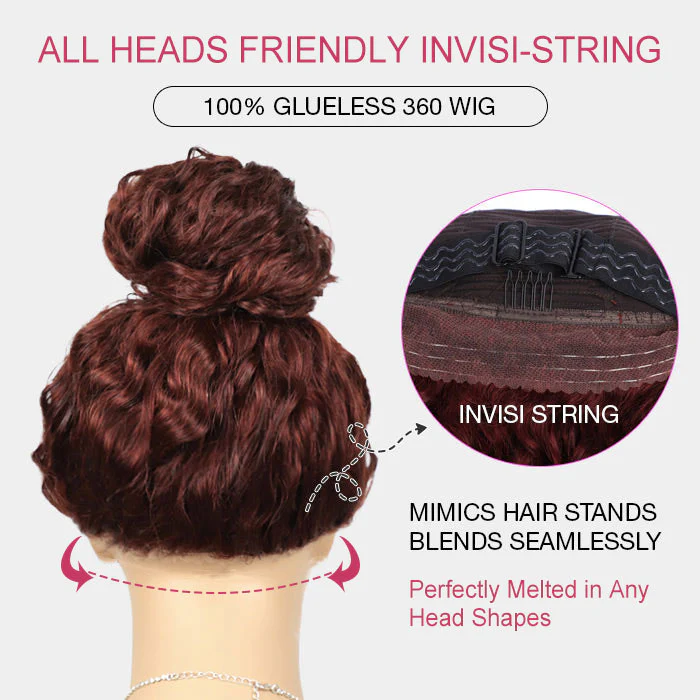#33 Reddish Brown Invisi-String Snug Fit Water Wave 360 HD Lace Frontal Wig Put On & Go Glueless Wig - Image 6