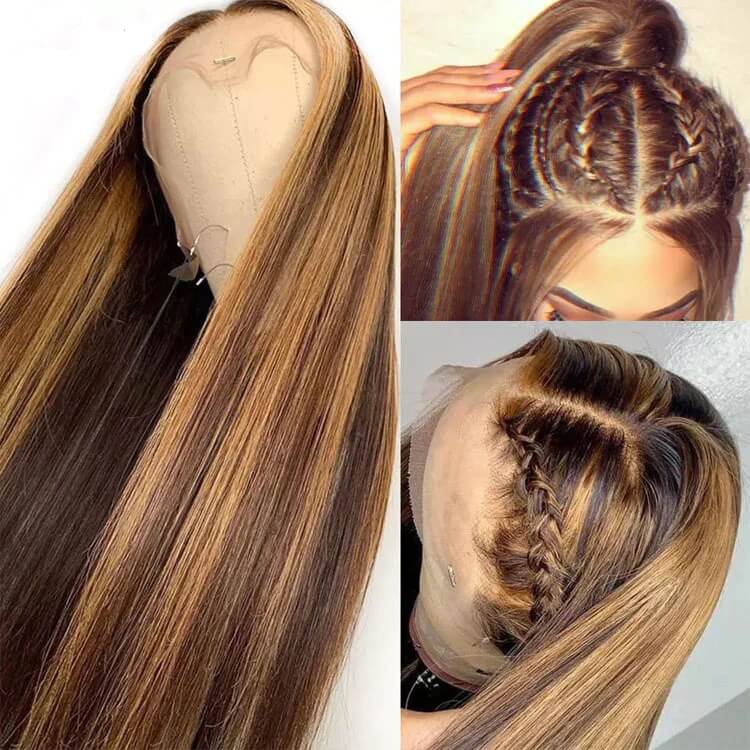 4/27 Honey Blonde Highlight HD Transparent Lace Front Wigs Ombre Color Straight Human Hair Wigs - Image 5