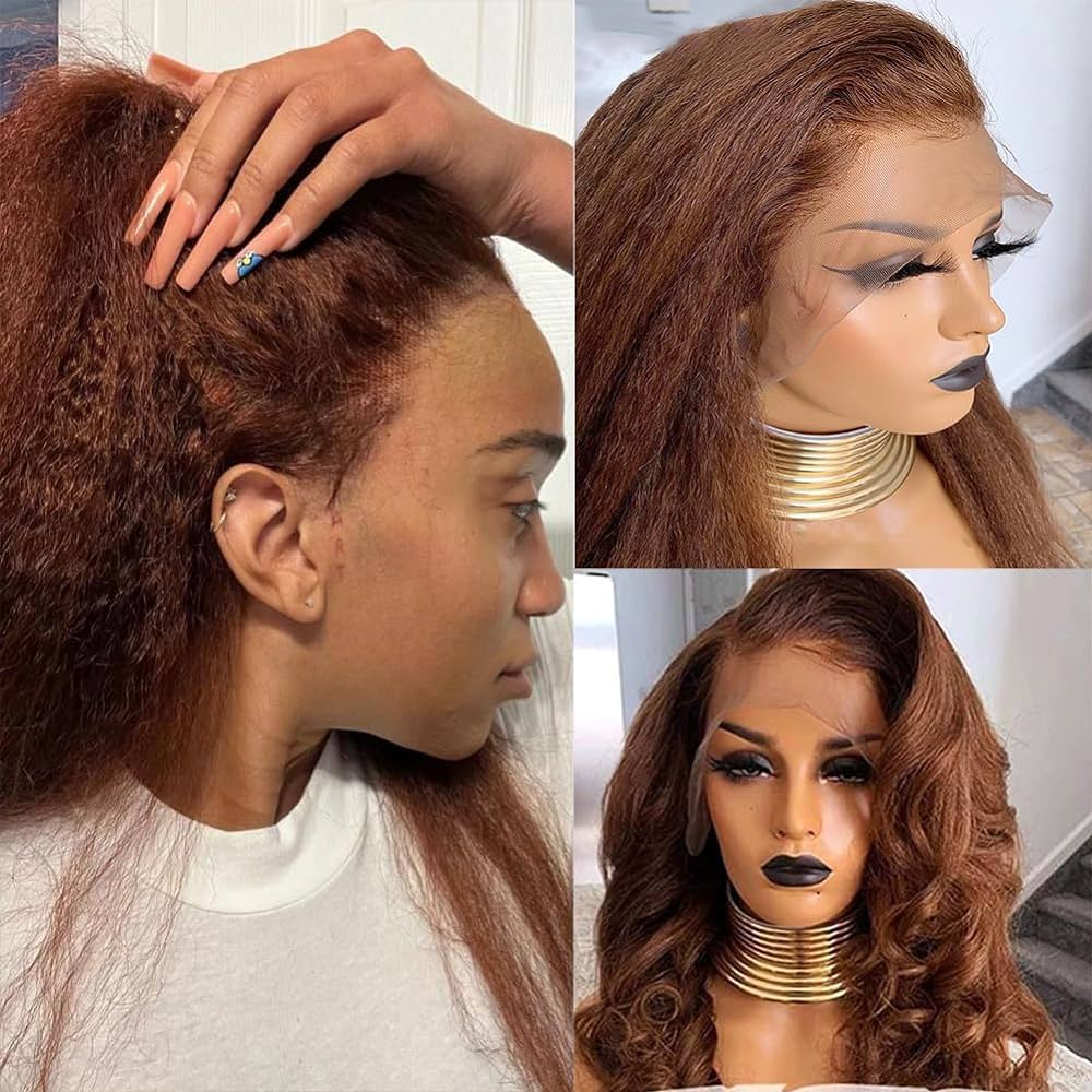 4C Edges Kinky Straight #30 Ginger Brown Human Hair Wig HD Lace Front Glueless Wig - Image 3