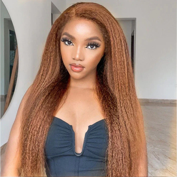 4C Edges Kinky Straight #30 Ginger Brown Human Hair Wig HD Lace Front Glueless Wig - Image 4