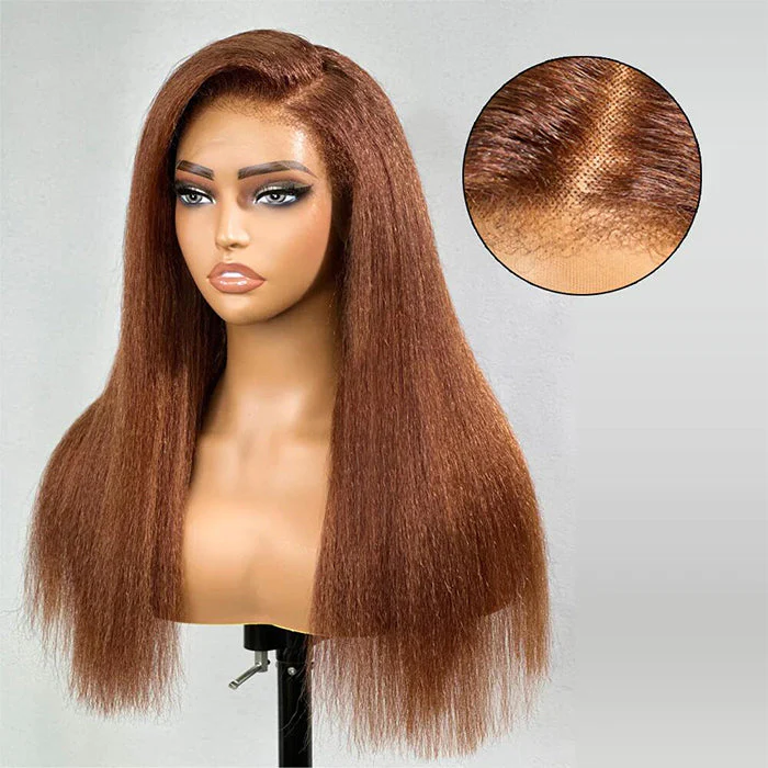 4C Edges Kinky Straight #30 Ginger Brown Human Hair Wig HD Lace Front Glueless Wig - Image 5