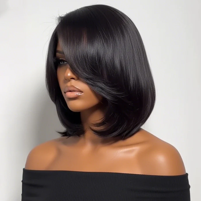 Clearance Sale | 8x5 Pre Cut Lace Straight Glueless Wig 90s Rachel Haircut Blunt Wig with Side Part Bangs Special Offer - Image 6