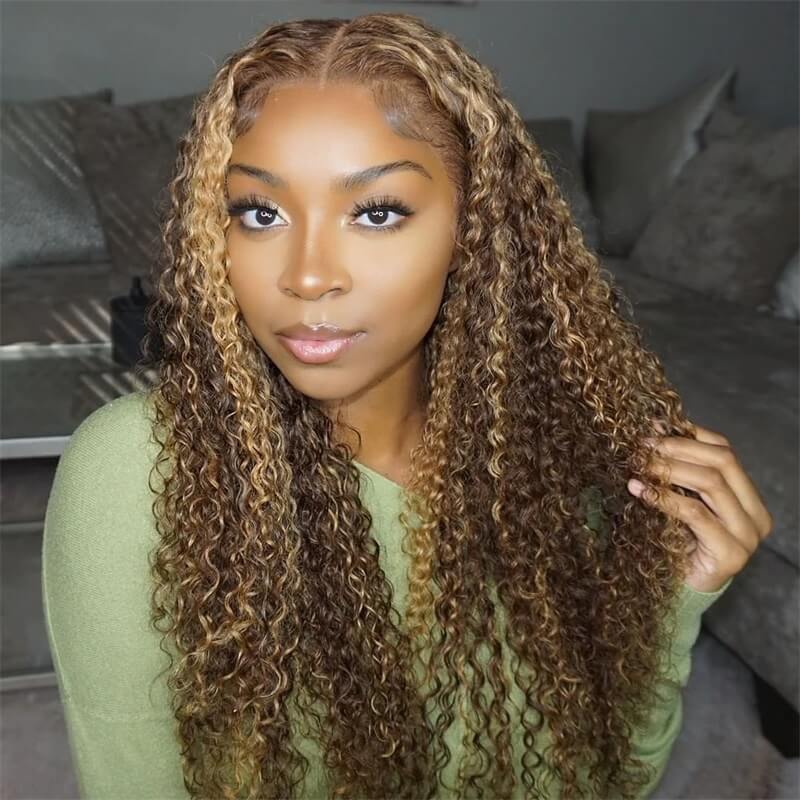 18"=$98 Highlight Piano Color Wig 4x4 HD Lace Closure Wig Deep Curly Human Hair Wig Special Offer - Image 3