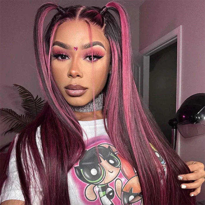 Balayage Intense Pink Violet Highlight Lace Front Wigs 13x4 /4X4Transparent HD Lace Human Hair Wigs - Image 3