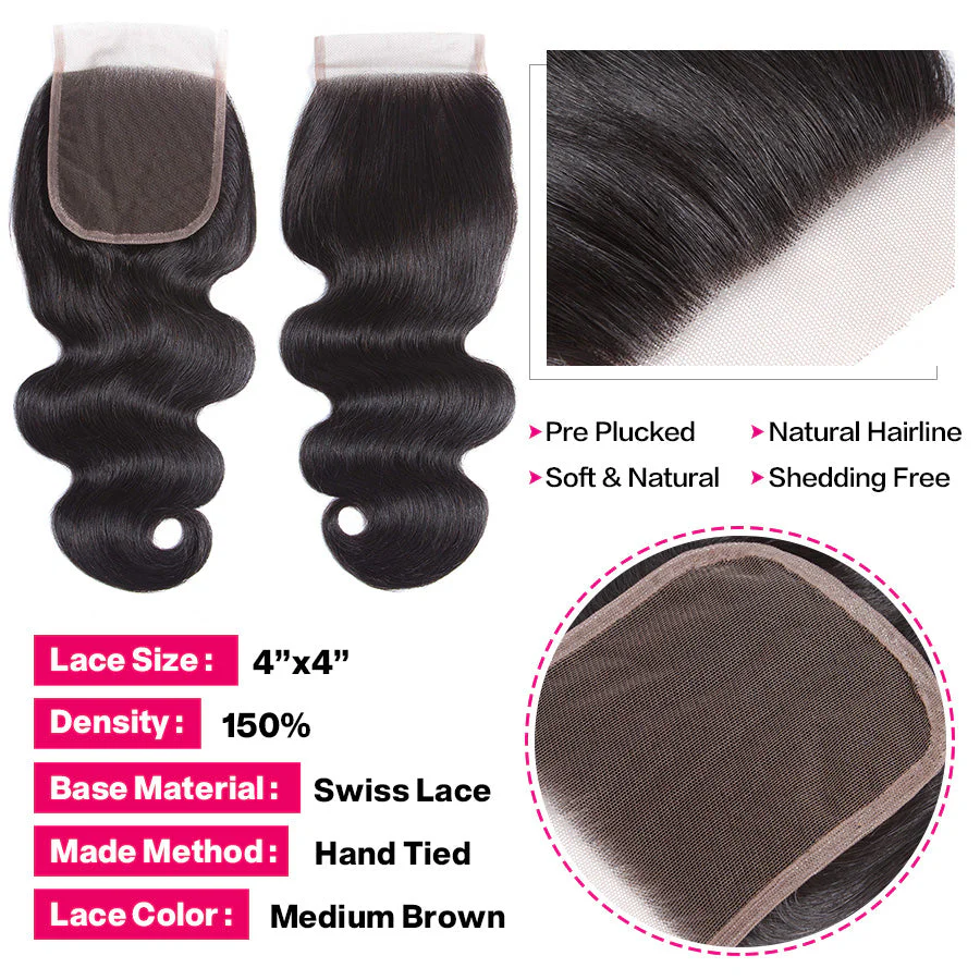 Body Wave Human Hair 3 Bundles With 4x4 Lace Closure - Image 6