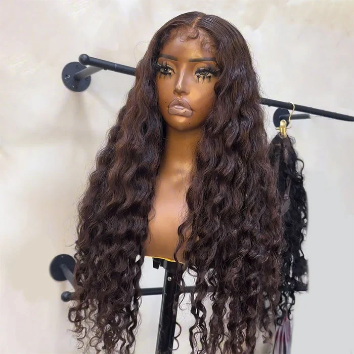 Chocolate Brown Water Wave 4B 4C Hairline Kinky Edges Human Hair Wigs Glueless Put On Go Wig - Image 2