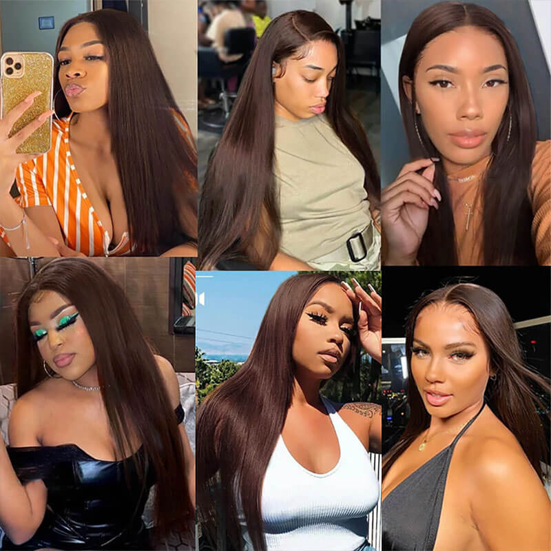 Dark Brown Colored Wigs Straight Hair Brown Human Hair Wig HD Transparent 4x4 Lace Closure Wig - Image 5