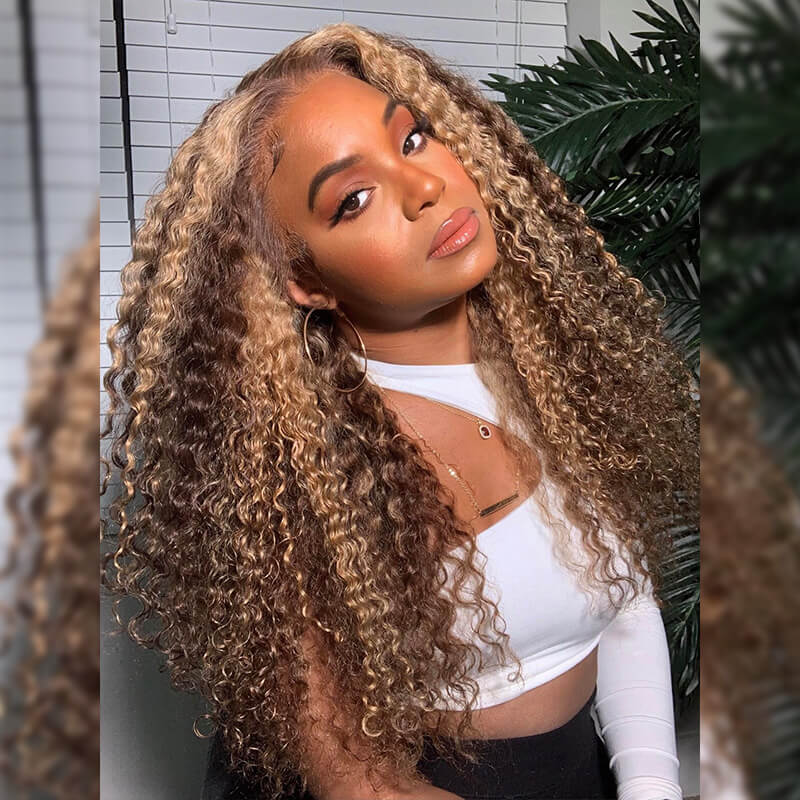 Curly Wigs 4/27 Brown Colored Highlight 4x4 HD Transparent Lace Closure Wig - Image 3