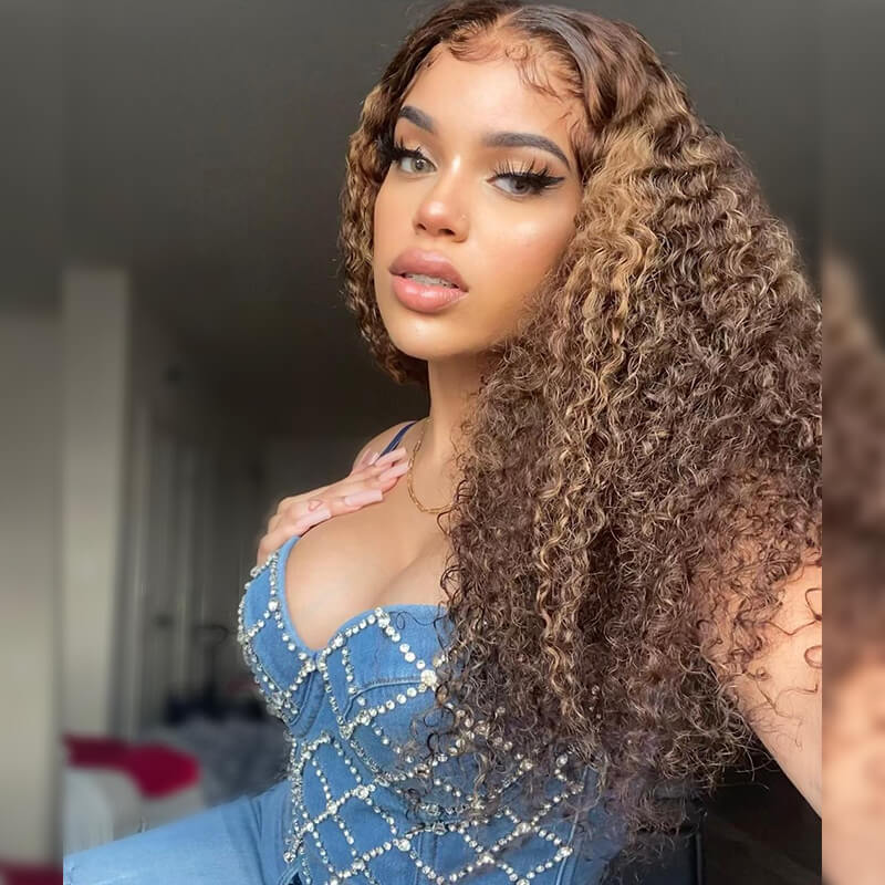 Curly Wigs 4/27 Brown Colored Highlight 4x4 HD Transparent Lace Closure Wig - Image 6