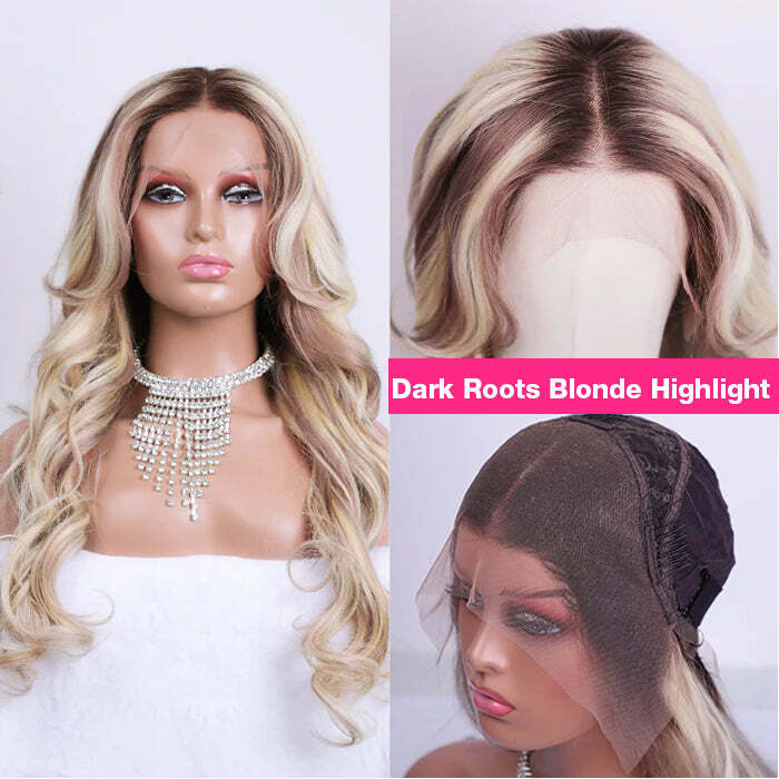 Glueless Ash Blonde Highlight Wig with Dark Roots P18/613 Curtain Bangs Body Wave Human Hair Wigs - Image 6