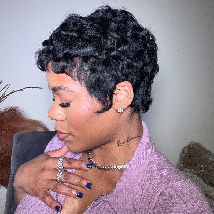 Glueless Curly Pixie Wig with Drawstring Cap Pre Styled Human Hair Machine Made Short Pixie Cut Wig - Image 3