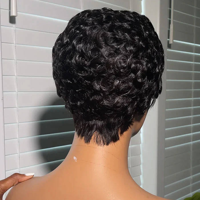 Glueless Curly Pixie Wig with Drawstring Cap Pre Styled Human Hair Machine Made Short Pixie Cut Wig - Image 4