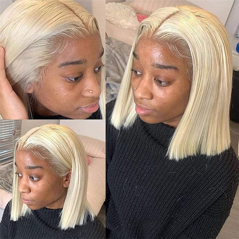 613 Blonde Straight Human Hair HD Transparent 13x4 Lace Front Short Bob Wigs - Image 6