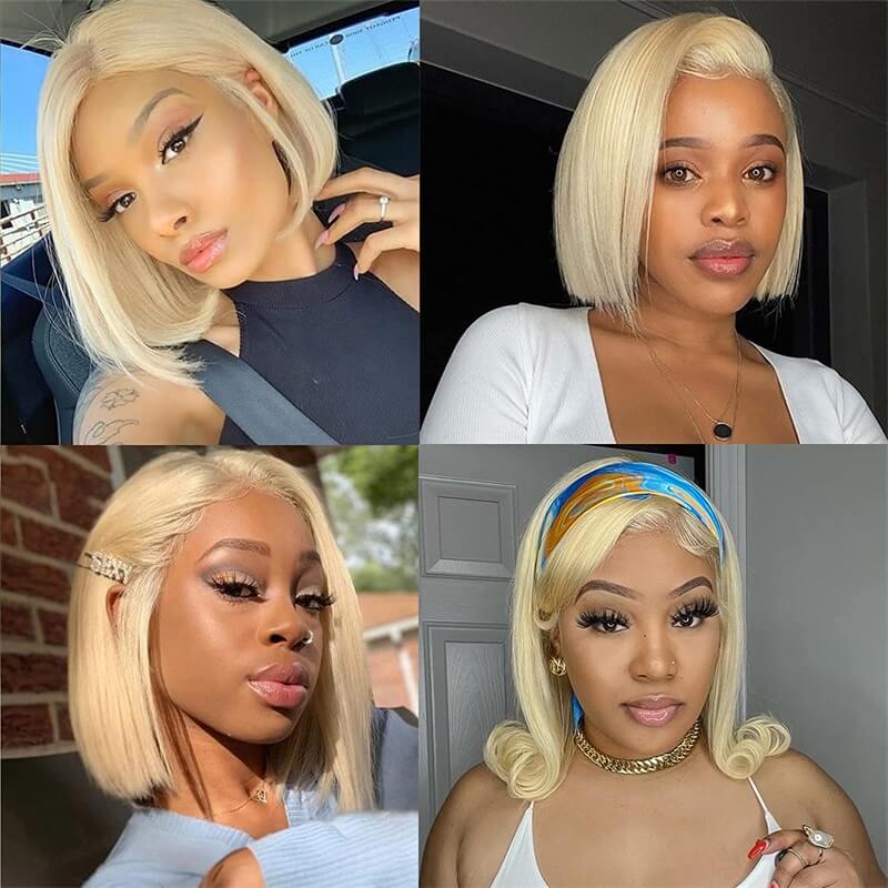 613 Blonde Straight Human Hair HD Transparent 13x4 Lace Front Short Bob Wigs - Image 7