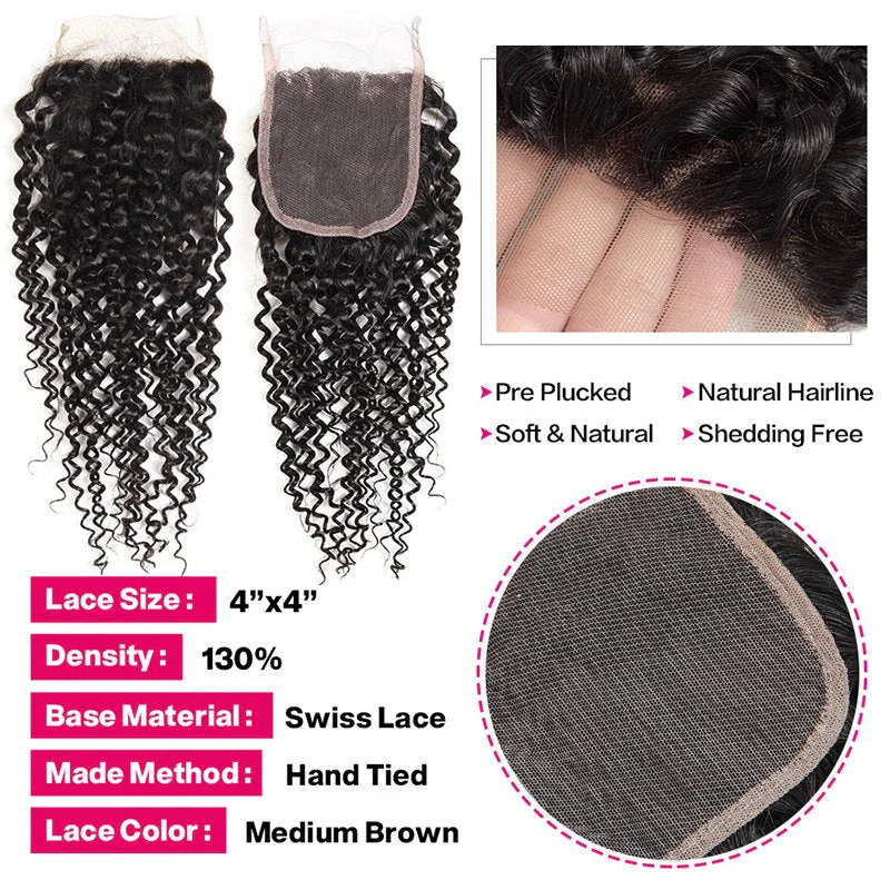 Kinky Curly Human Hair 3 Bundles With 4x4 Lace Closure - Image 3