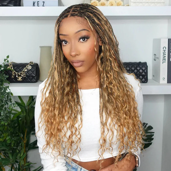 Knotless Boho Braided Wig T1B/27 Ombre Human Hair Drawstring 13x6 Lace Front Wig Black Roots