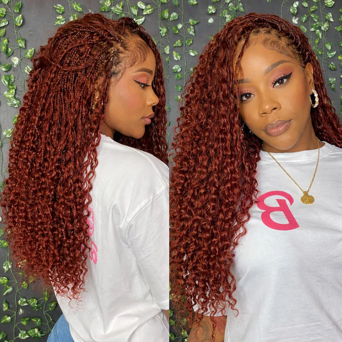 Knotless Neatness Glueless Boho Braided Wig Drawstring Reddish Brown Water Wave Human Hair Wigs - Image 3