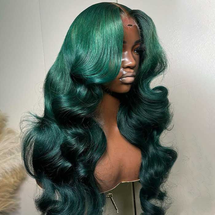 Olive Green Body Wave Curtain Bangs Wig Colored Human Hair HD Lace Front Wig - Image 4