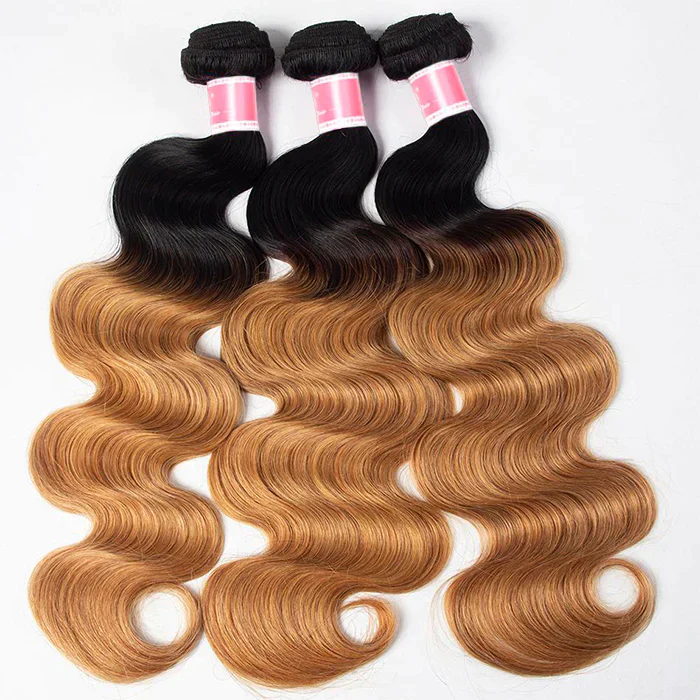 Ombre 1B27 Body Wave Human Hair 3 Bundles With 4x4 Lace Closure - Image 3