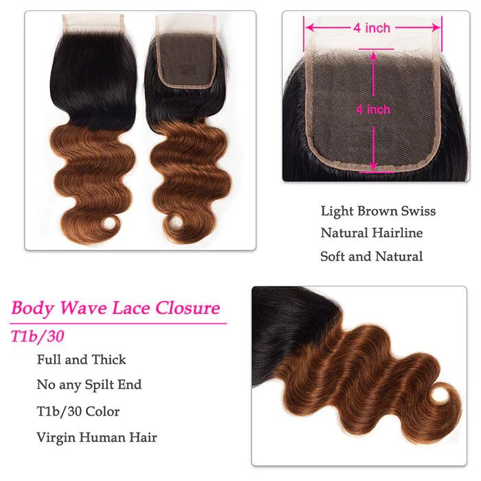 Ombre 1B30 Body Wave Human Hair 3 Bundles With 4x4 Lace Closure - Image 3