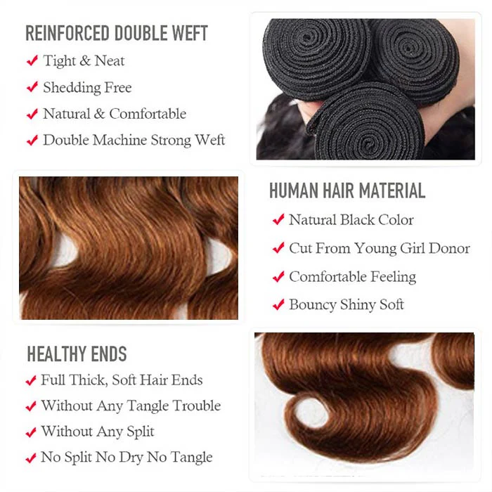 Ombre 1B30 Body Wave Human Hair 3 Bundles With 4x4 Lace Closure - Image 5