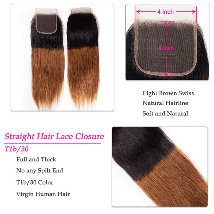 Ombre 1B30 Straight Human Hair 3 Bundles With 4x4 Lace Closure - Image 5