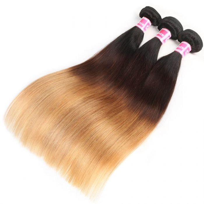 Ombre Hair 1B/4/27 Color Straight Human Hair 3 Bundles With 4x4 Lace Closure - Image 5
