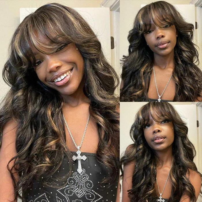 P1B/27 Balayage Blonde Highlights Glueless Body Wave Wig with Bangs 8x5 Pre Cut HD Lace Curtain Bangs Wig - Image 9