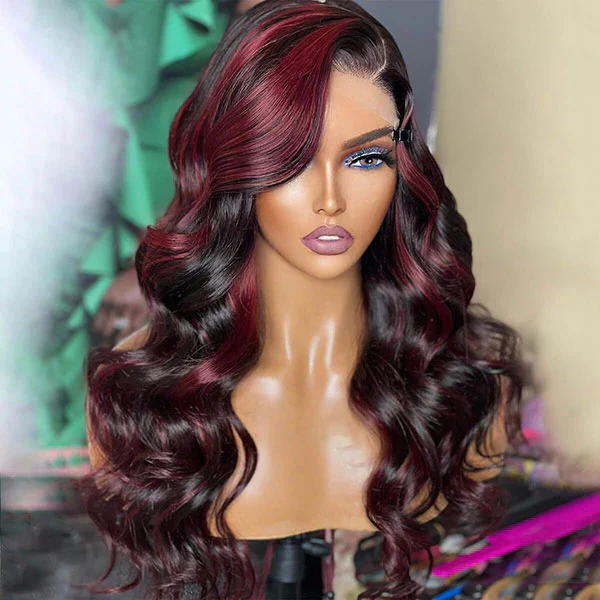 P1B/99J Balayage Body Wave Wig Piano Color Highlight Burgundy Red HD Lace Frontal Wig - Image 5