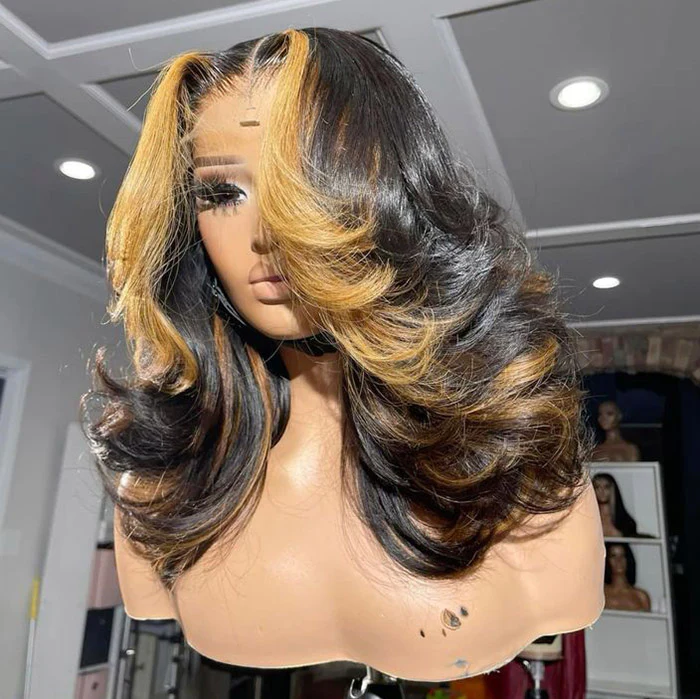Skunk Stripe Yellow Ginger Brown Face-Framing Curtain Bangs Layered Cut Body Wave HD Lace Human Hair Wig - Image 3