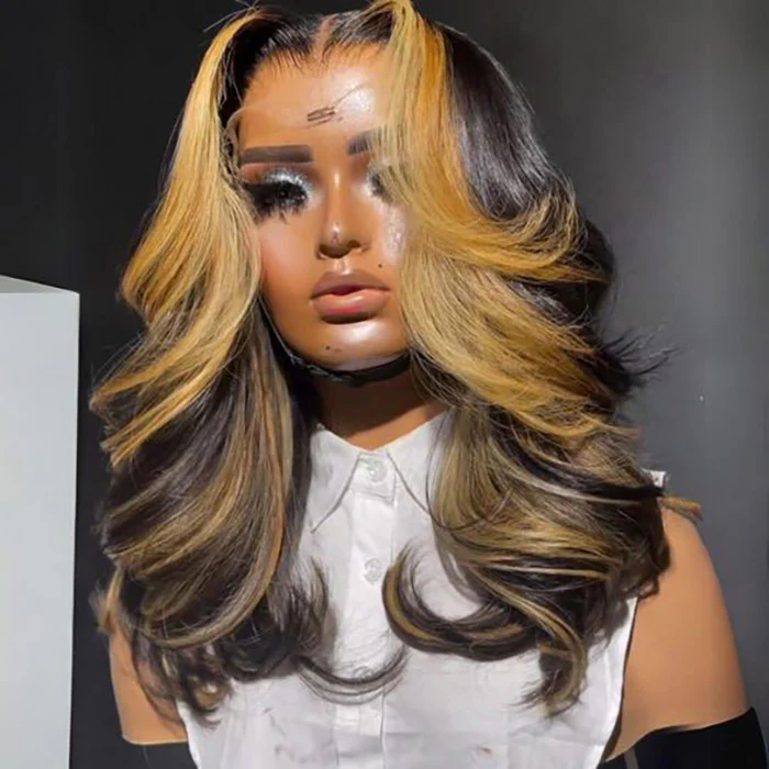 Skunk Stripe Yellow Ginger Brown Face-Framing Curtain Bangs Layered Cut Body Wave HD Lace Human Hair Wig - Image 4