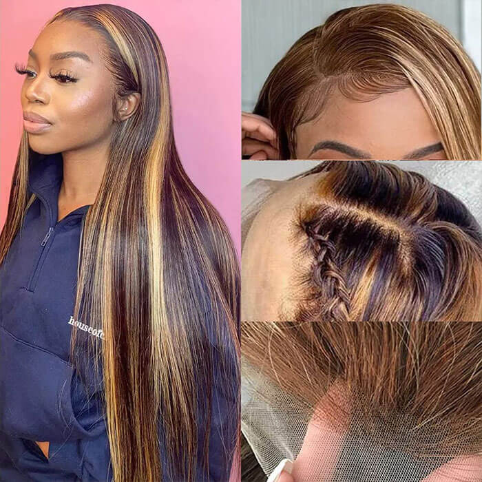 Subella Straight 4/27 Brown Colored Highlight Wig HD Transparent Lace Closure Wig - Image 3