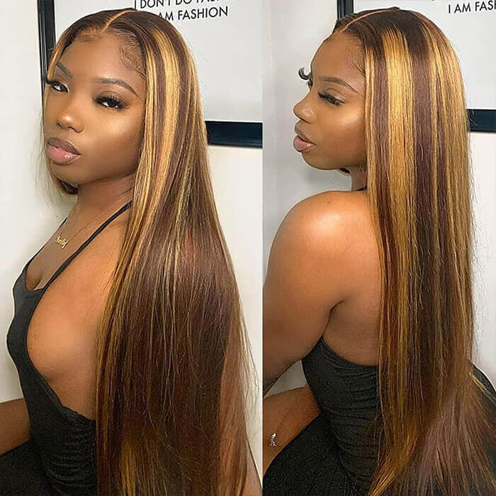 Subella Straight 4/27 Brown Colored Highlight Wig HD Transparent Lace Closure Wig - Image 5