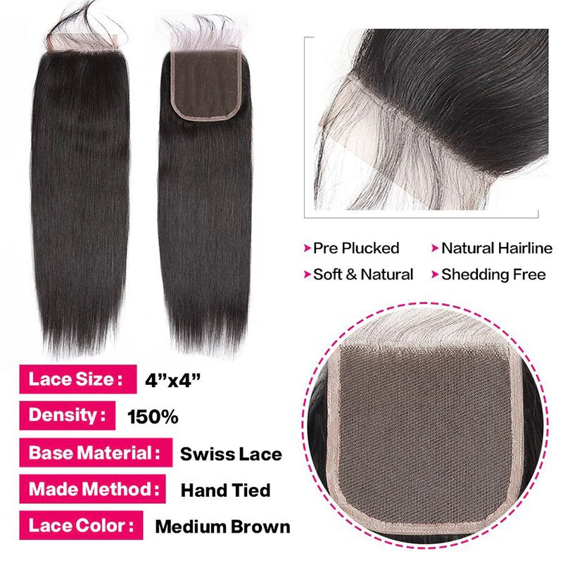 Straight Human Hair 3 Bundles With 4x4 Lace Closure - Image 3