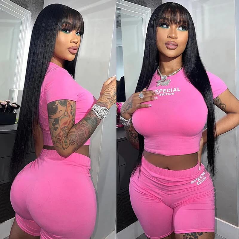 Straight Wig With Bangs Natural Color Top Lace Straight Human Hair Glueless Wig - Image 5