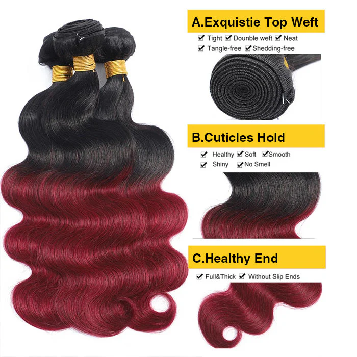 Subella Hair T1B/99j Ombre Body Wave Human Hair 3 Bundles With 4x4 Lace Closure - Image 3
