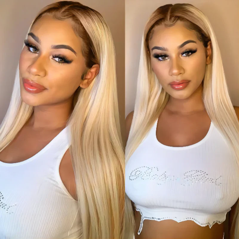 T1B/613 Dark Roots Blonde Wig Pre Bleached Ombre Straight HD Lace Front Human Hair Wigs