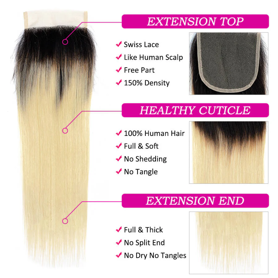 T1B/613 Ombre Straight Human Hair 3 Bundles With 4x4 Lace Closure - Image 3