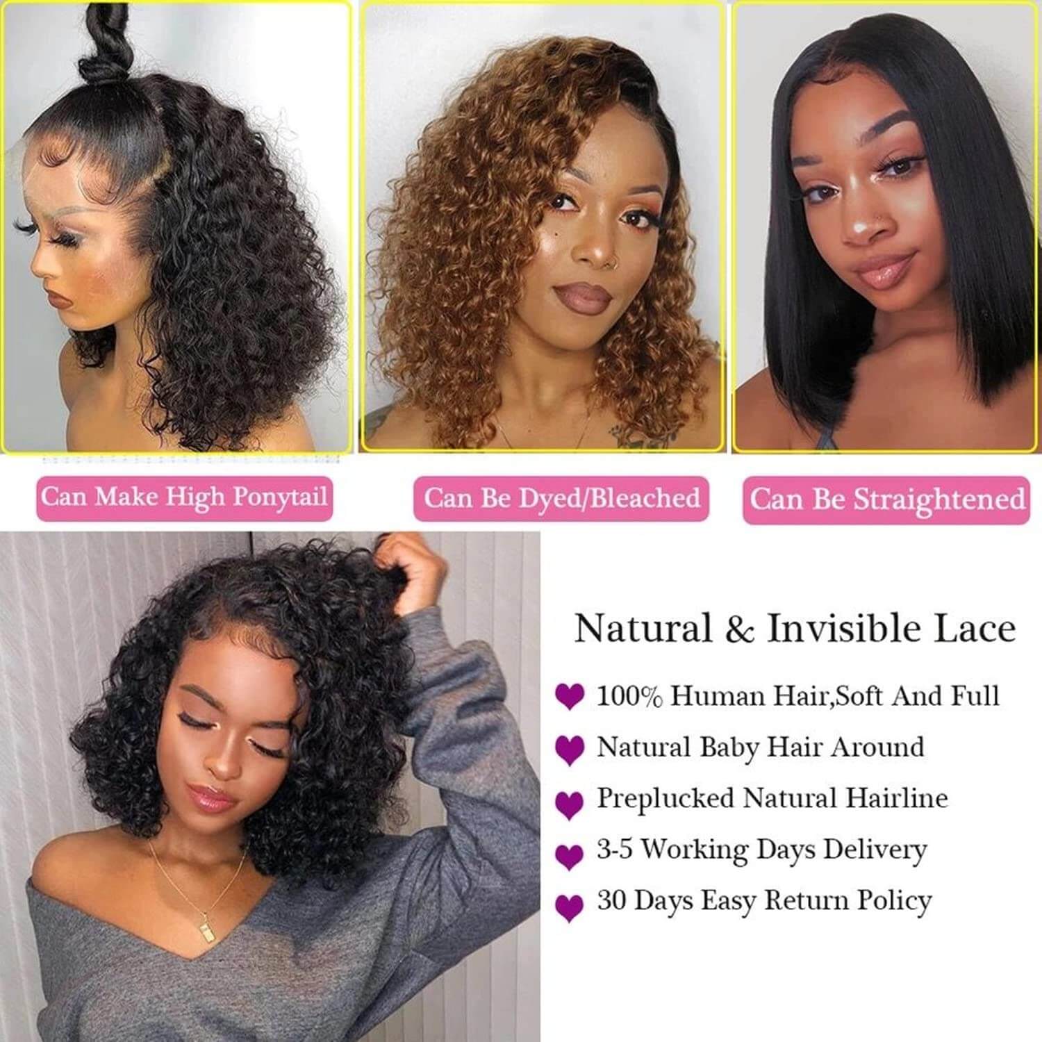 Water Wave HD Lace Front Bob Wigs Pre Plucked Human Hair Lace Wigs - Image 3